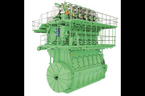 A rendering of a MAN B&W 6S50ME-C8.2-LGIP dual-fuel engine (image courtesy of MAN Energy Solutions)